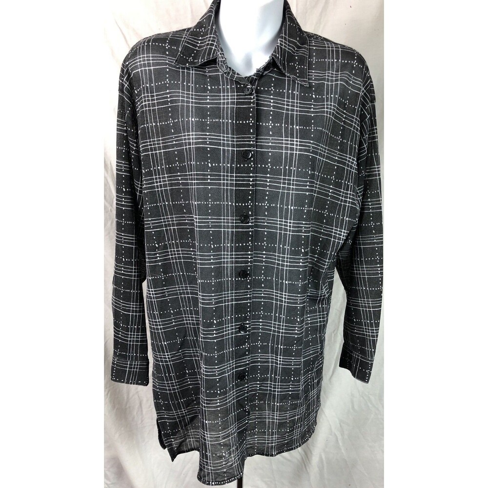 NY & Co Top Blouse M/L Charcoal Print Button Up Long Sleeve Collar Boyfriend